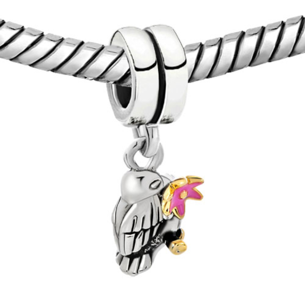 Free S/H Pugster Bird & Pink Flower Dangle 22k Gp Bracelet Charm - Fits Pandora